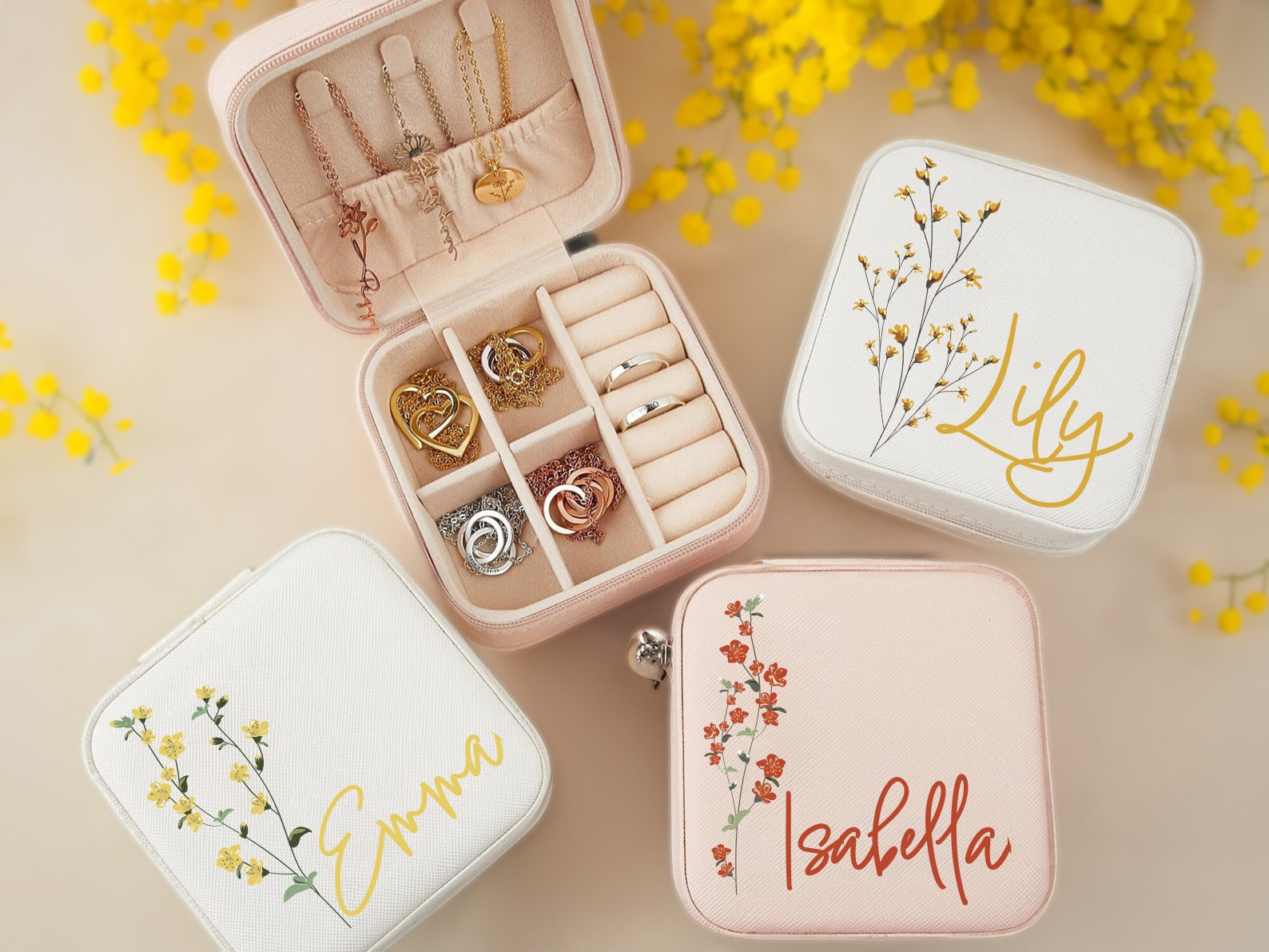 Personalized travel jewelry box, small square earring organizer, bridesmaid gifts box for sister, friend, Floral Jewelry Case, Birth Flower