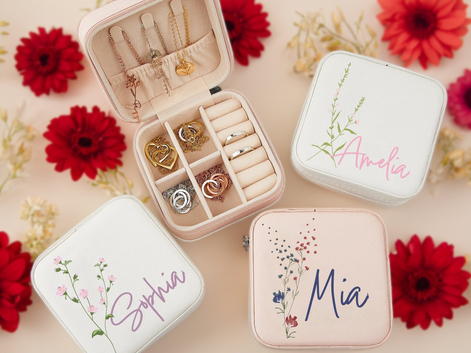 Personalized travel jewelry box, small square earring organizer, bridesmaid gifts box for sister, friend, Floral Jewelry Case, Birth Flower