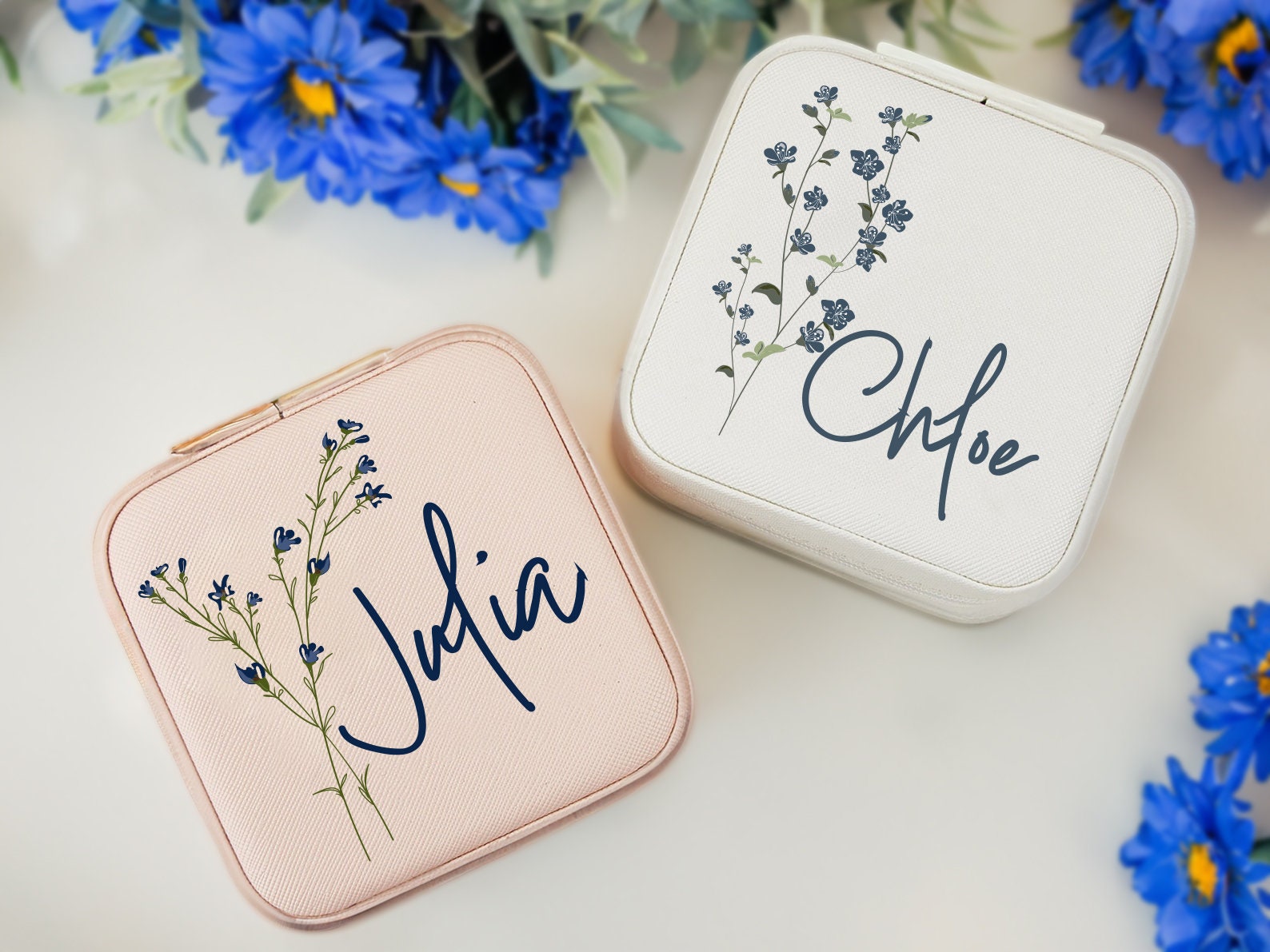 Personalized travel jewelry box, small square earring organizer, bridesmaid gifts box for sister, friend, Floral Jewelry Case, Birth Flower