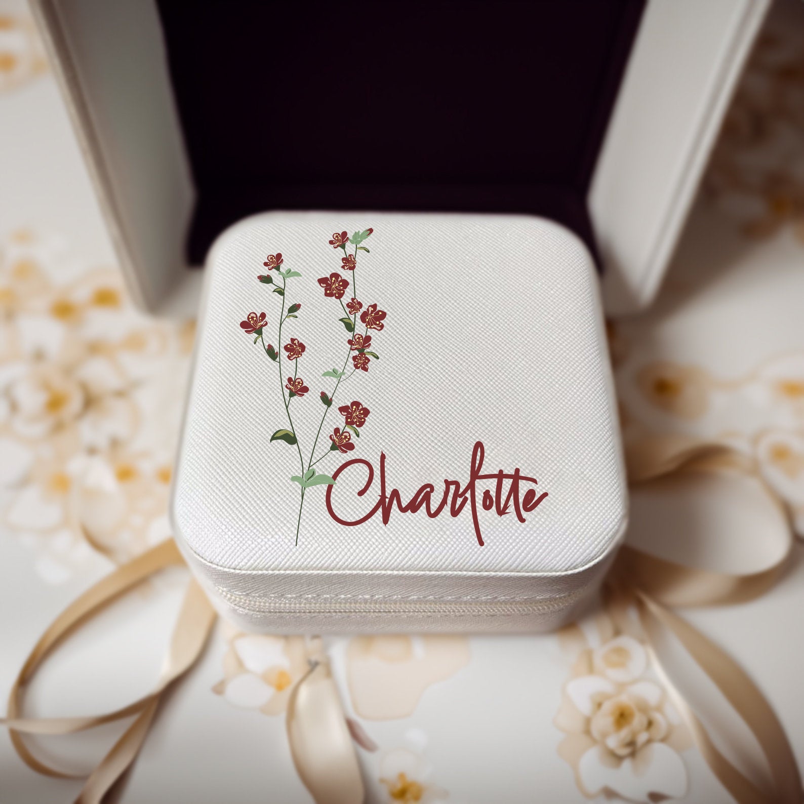 Personalized travel jewelry box, small square earring organizer, bridesmaid gifts box for sister, friend, Floral Jewelry Case, Birth Flower