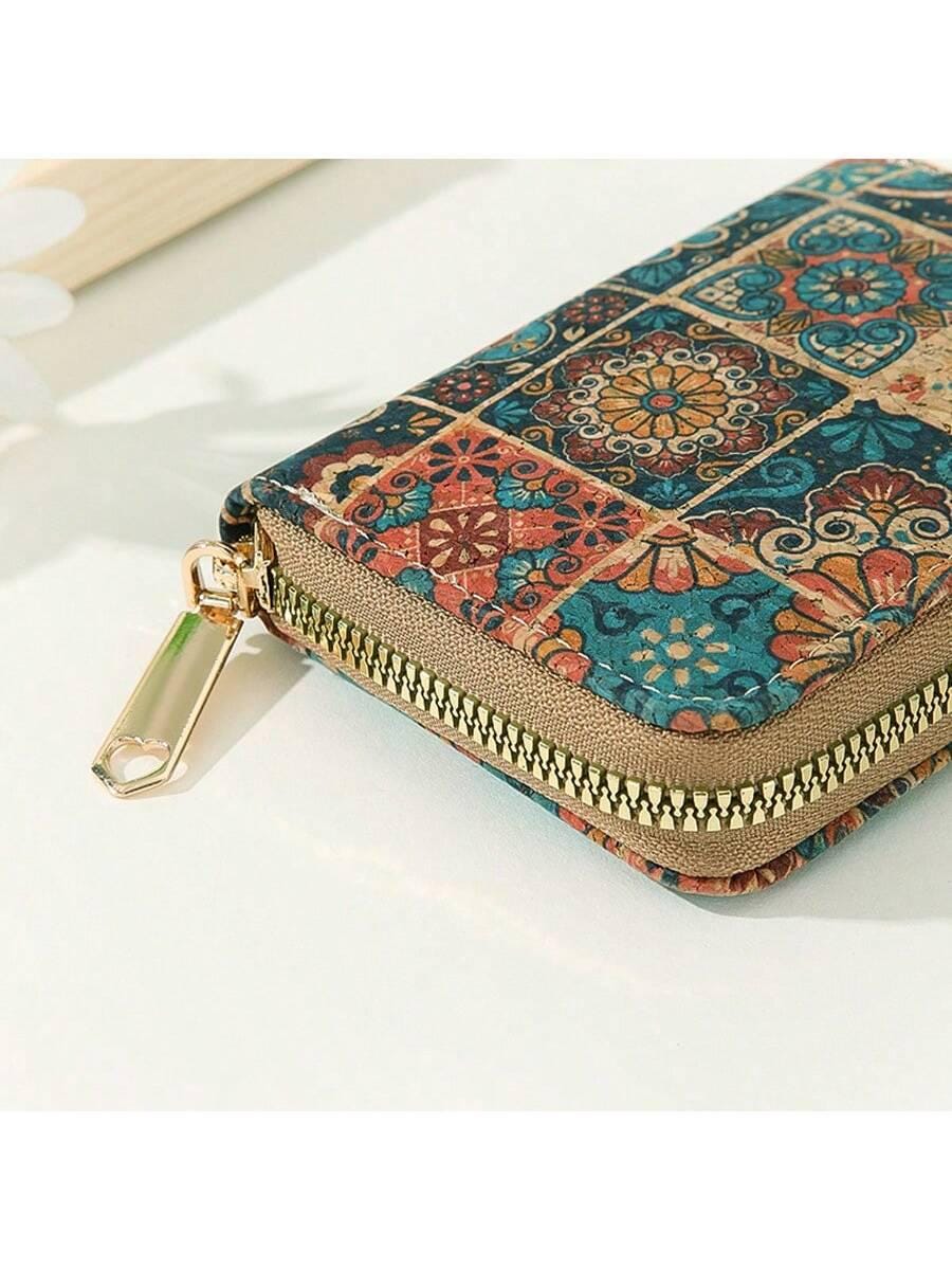 Luxury Cork Wallet with Zipper, Boho Wallet, Womens Card Holder, Small Zipper Pouch, Vintage Cork Purse, Boho Travel Wallet, Floral Wallet