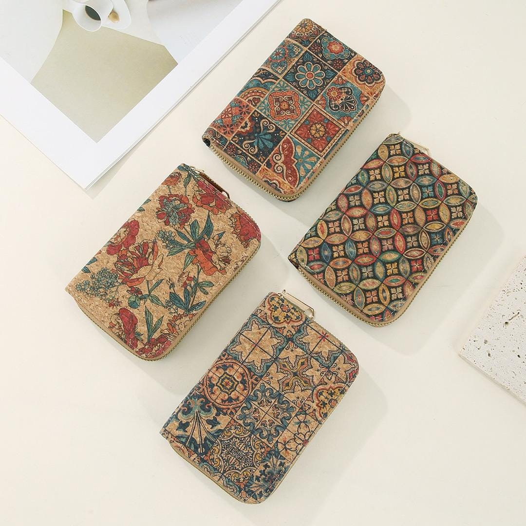 Luxury Cork Wallet with Zipper, Boho Wallet, Womens Card Holder, Small Zipper Pouch, Vintage Cork Purse, Boho Travel Wallet, Floral Wallet