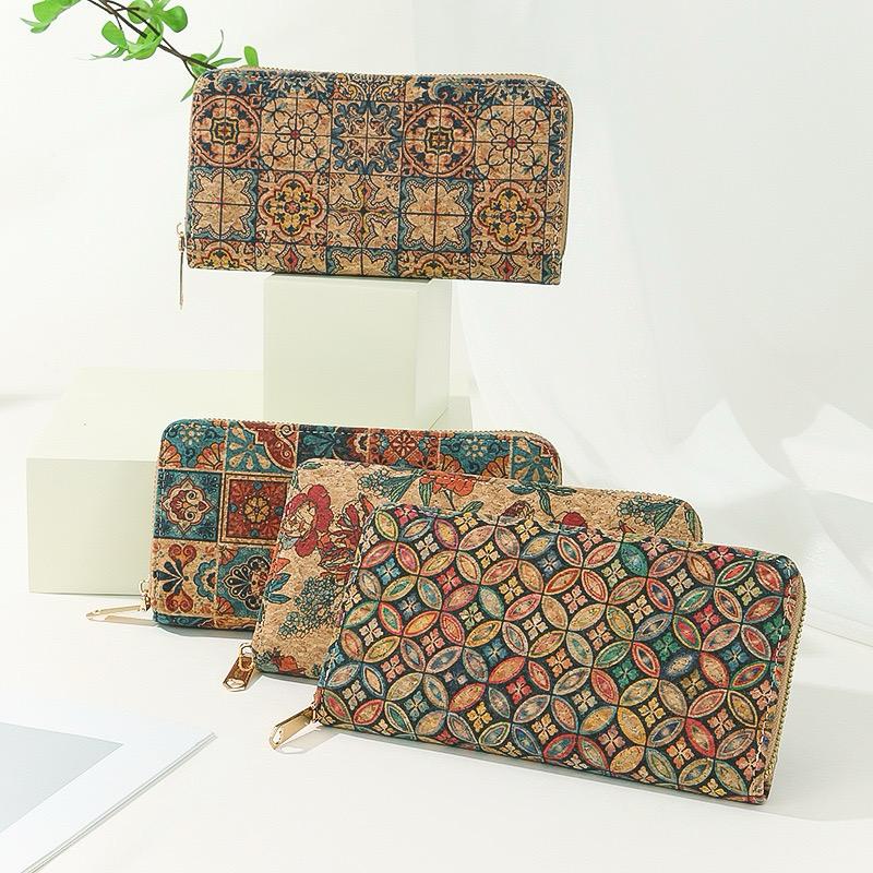 Large Luxury Cork Wallet with Zipper, Boho Womens Card Holder, Long Zipper Pouch, Vintage Cork Purse, Boho Chic Travel Wallet, Floral Design