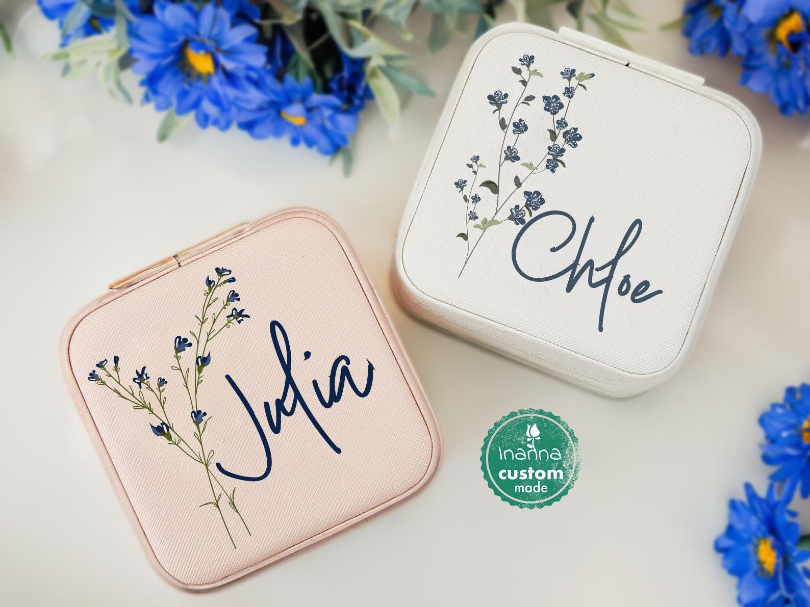 Personalized travel jewelry box, small square earring organizer, bridesmaid gifts box for sister, friend, Floral Jewelry Case, Birth Flower